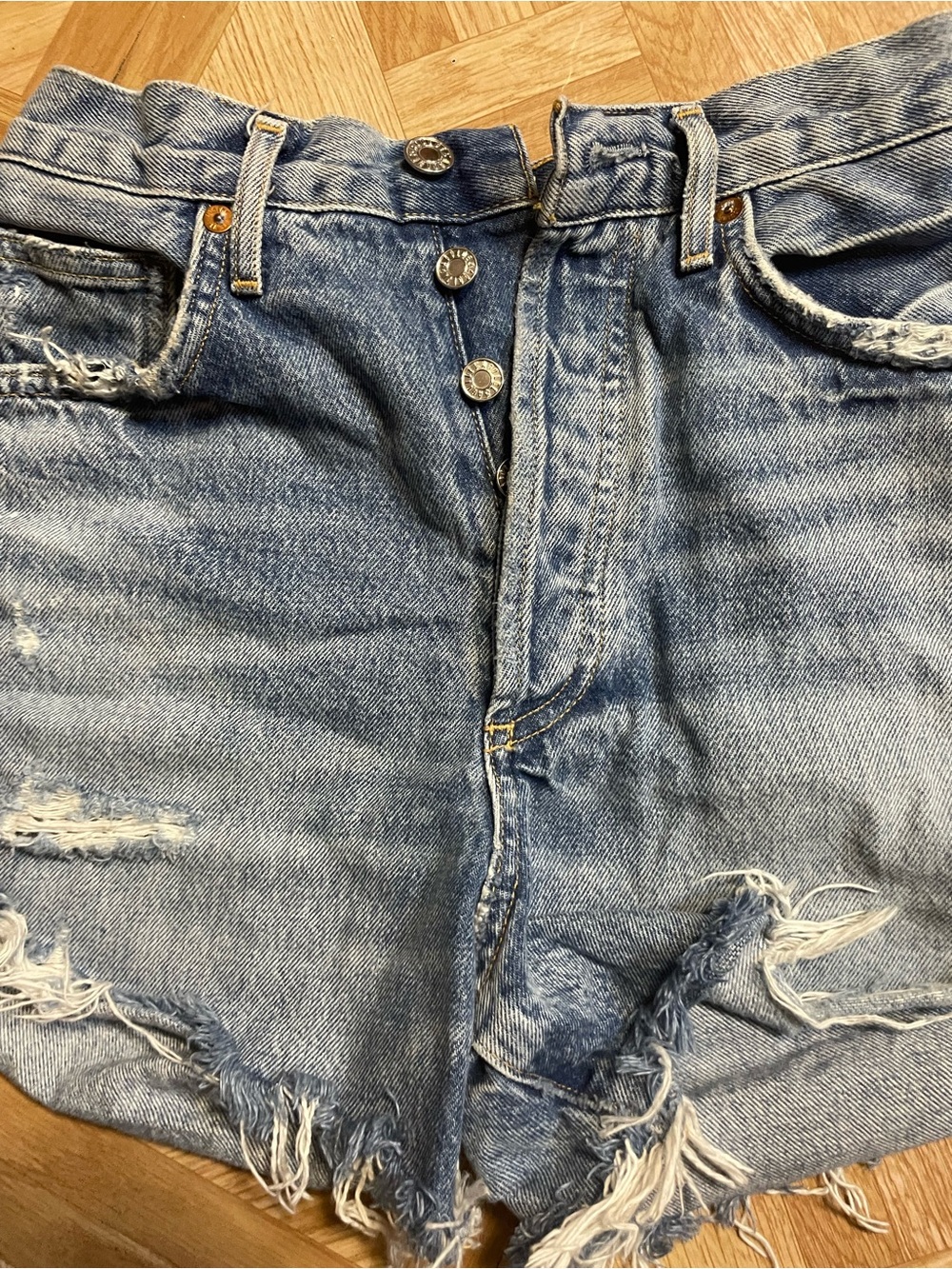 Agolde Light Blue Denim Shorts with Contrast Stitching